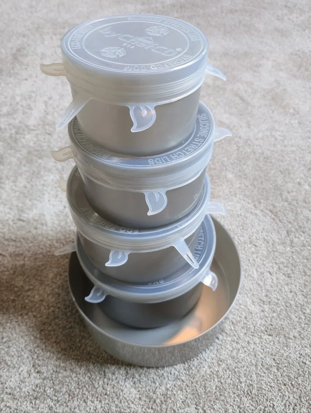 Tupperware nesting bowls or camping pots w/ clear silicone stretch Lids
